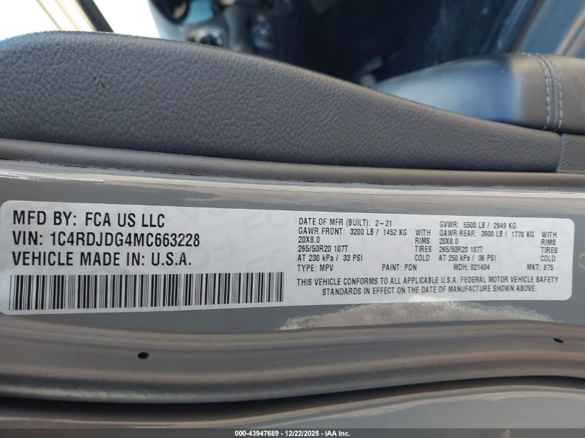 2021 Dodge Durango Gt Plus Awd VIN: 1C4RDJDG4MC663228 Lot: 43947689