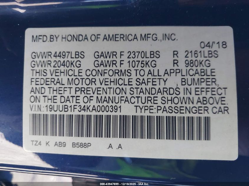 2019 Acura Tlx Standard VIN: 19UUB1F34KA000391 Lot: 43947699