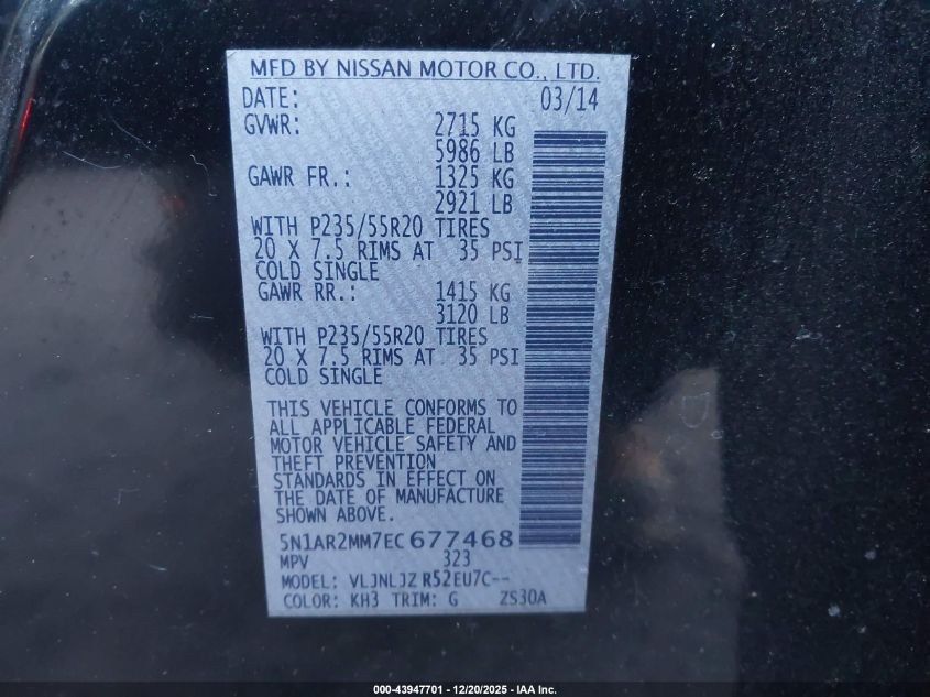 2014 Nissan Pathfinder Platinum VIN: 5N1AR2MM7EC677468 Lot: 43947701