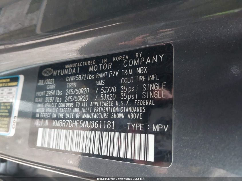 2022 Hyundai Palisade Calligraphy VIN: KM8R7DHE5NU361181 Lot: 43947705