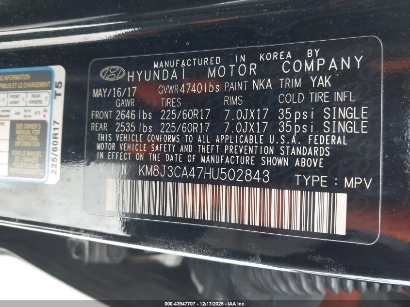 2017 Hyundai Tucson Se Plus VIN: KM8J3CA47HU502843 Lot: 43947707