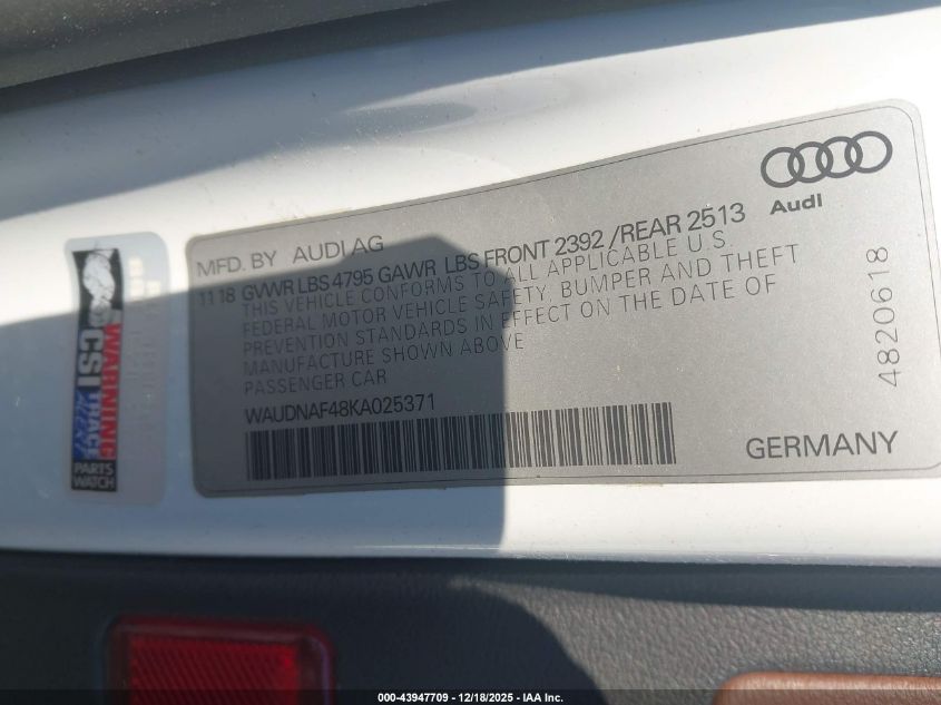 2019 Audi A4 45 Premium VIN: WAUDNAF48KA025371 Lot: 43947709