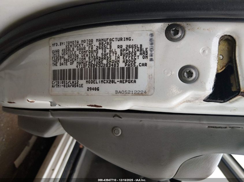 2003 Toyota Avalon Xls VIN: 4T1BF28B93U283483 Lot: 43947710