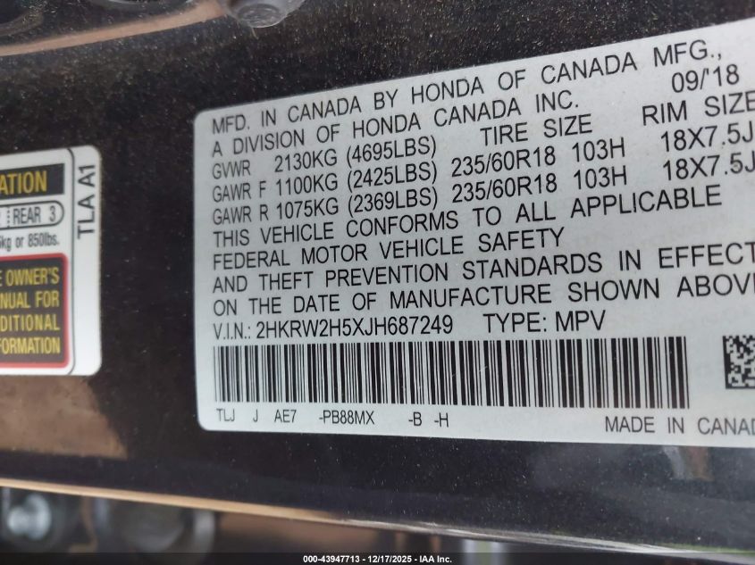2018 Honda Cr-V Ex VIN: 2HKRW2H5XJH687249 Lot: 43947713