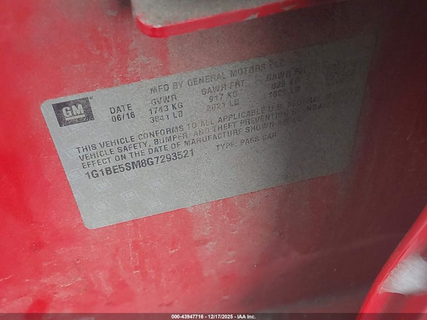 2016 Chevrolet Cruze Lt Auto VIN: 1G1BE5SM8G7293521 Lot: 43947716
