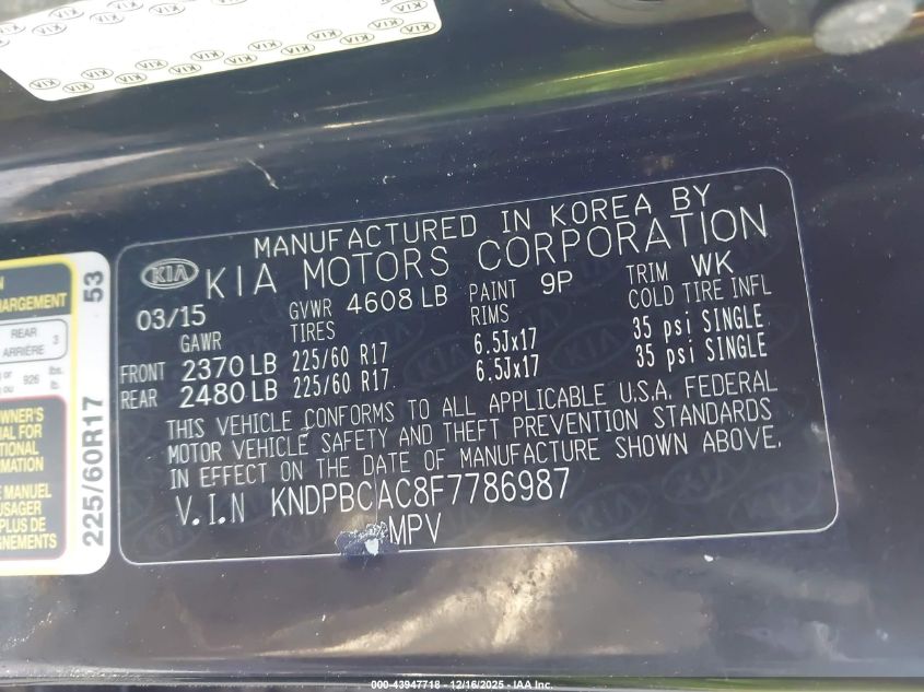 2015 Kia Sportage Lx VIN: KNDPBCAC8F7786987 Lot: 43947718