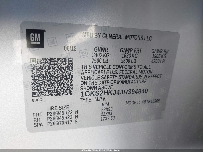 2018 GMC Yukon Xl Denali VIN: 1GKS2HKJ4JR394840 Lot: 43947724