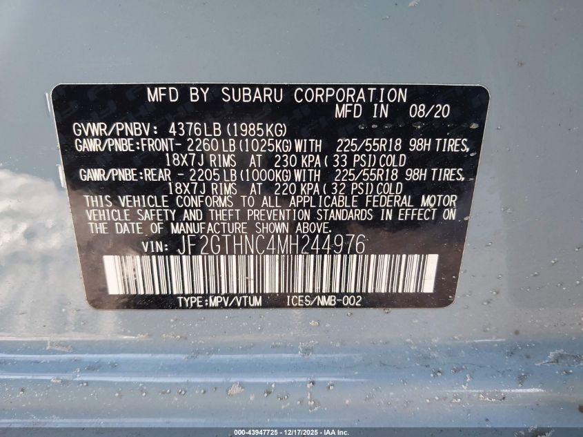 2021 Subaru Crosstrek Limited VIN: JF2GTHNC4MH244976 Lot: 43947725