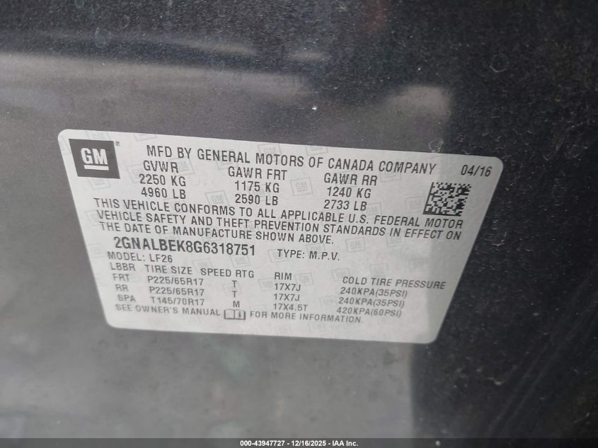 2016 Chevrolet Equinox Ls VIN: 2GNALBEK8G6318751 Lot: 43947727