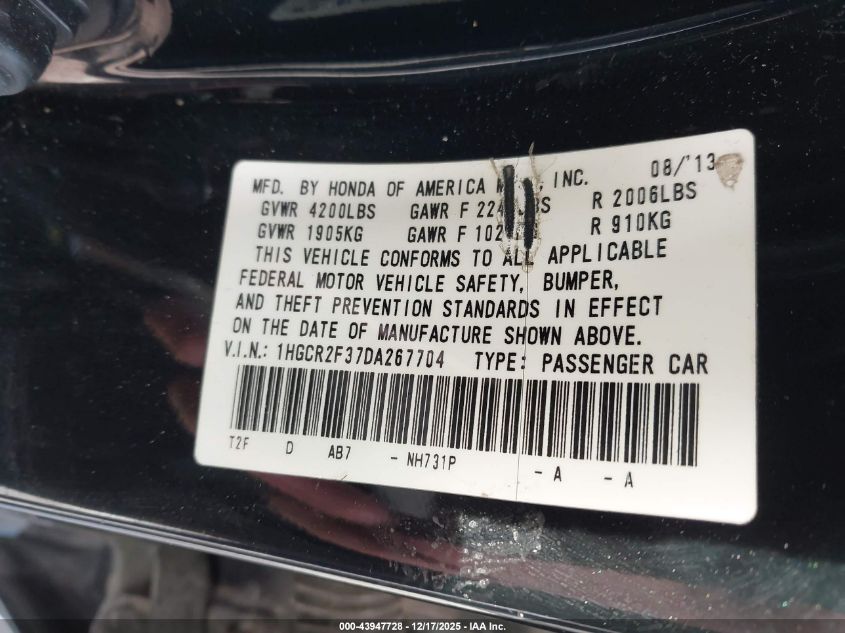 2013 Honda Accord Lx VIN: 1HGCR2F37DA267704 Lot: 43947728