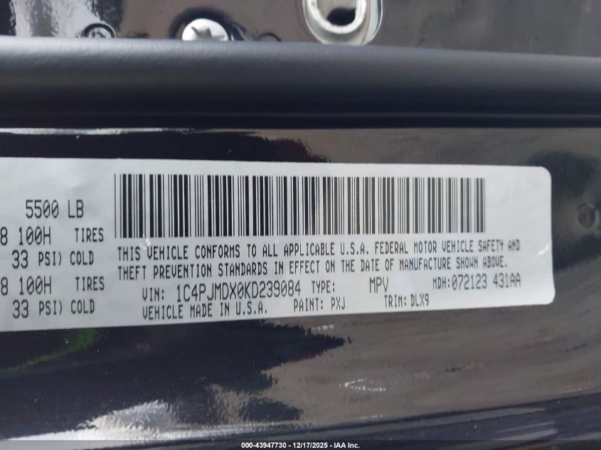2019 Jeep Cherokee Limited 4X4 VIN: 1C4PJMDX0KD239084 Lot: 43947730