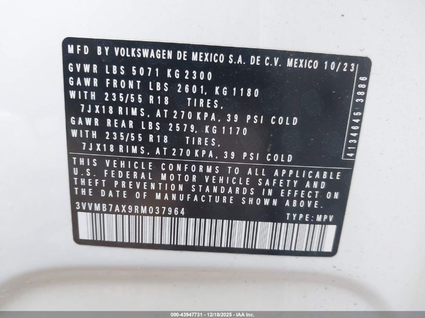 2024 Volkswagen Tiguan 2.0T Se/2.0T Wolfsburg Edition VIN: 3VVMB7AX9RM037964 Lot: 43947731