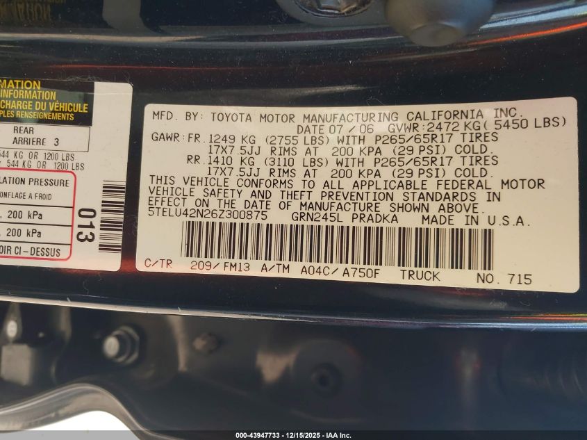 2006 Toyota Tacoma Base V6 VIN: 5TELU42N26Z300875 Lot: 43947733
