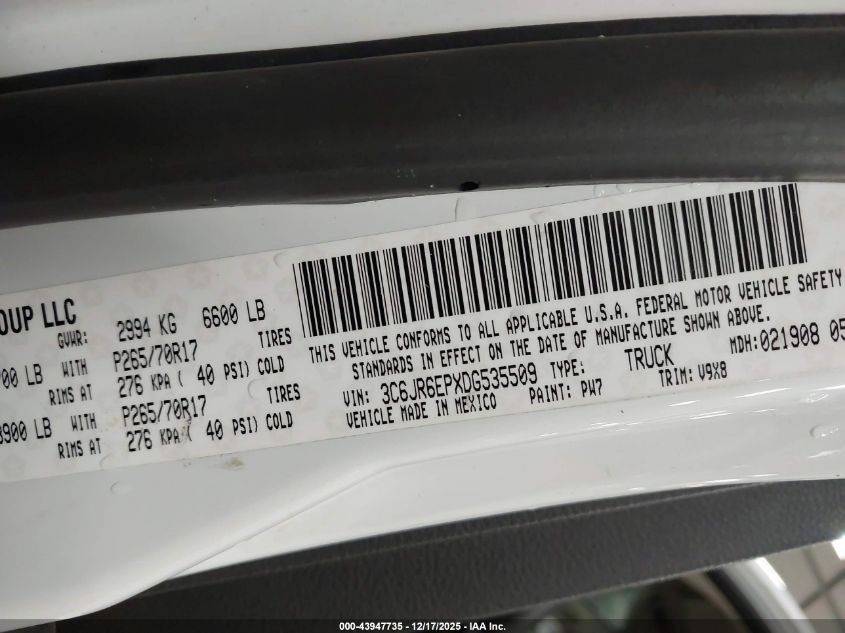 2013 Ram 1500 Slt VIN: 3C6JR6EPXDG535509 Lot: 43947735