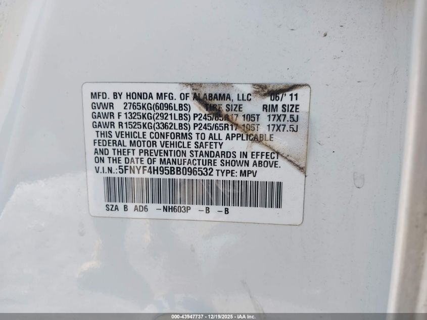 2011 Honda Pilot Touring VIN: 5FNYF4H95BB096532 Lot: 43947737