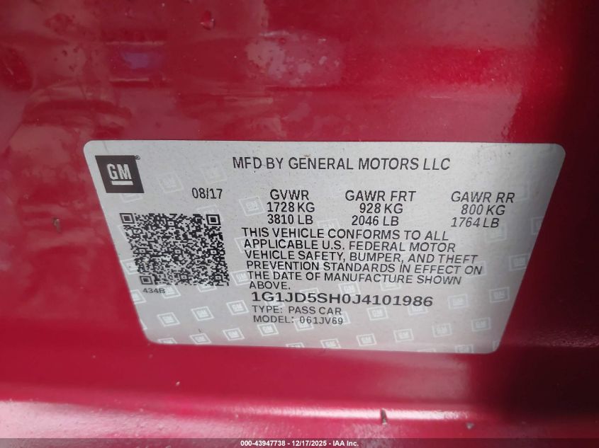 2018 Chevrolet Sonic Lt Auto VIN: 1G1JD5SH0J4101986 Lot: 43947738