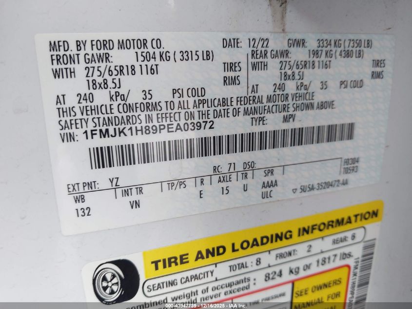 2023 Ford Expedition Xlt Max VIN: 1FMJK1H89PEA03972 Lot: 43947739