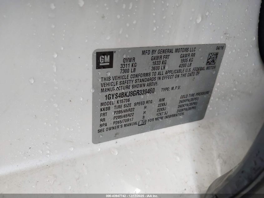 2016 Cadillac Escalade Luxury Collection VIN: 1GYS4BKJ8GR339460 Lot: 43947742