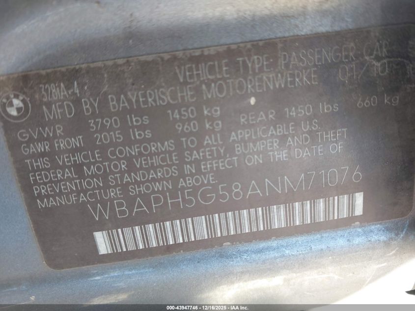 2010 BMW 328I VIN: WBAPH5G58ANM71076 Lot: 43947746