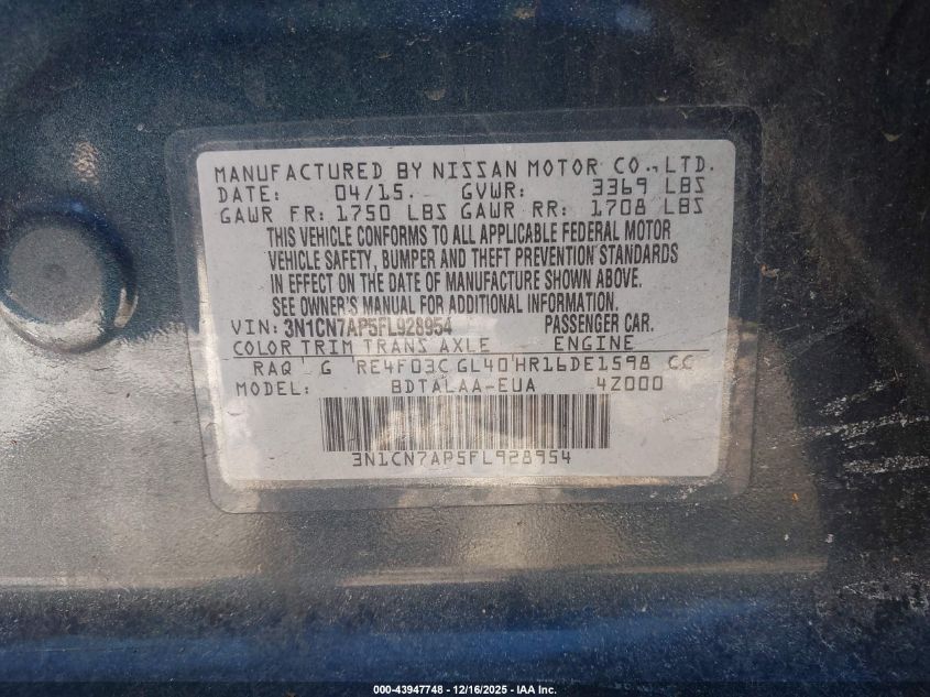 2015 Nissan Versa 1.6 S VIN: 3N1CN7AP5FL928954 Lot: 43947748