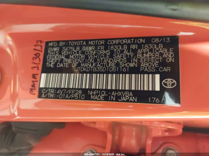 2013 Toyota Prius C Two VIN: JTDKDTB35D1051161 Lot: 43947751