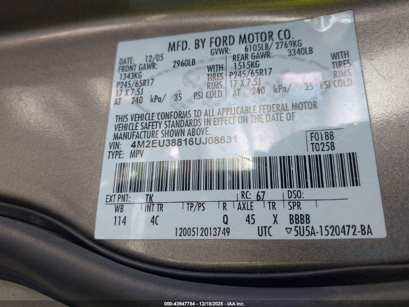 2006 Mercury Mountaineer Premier VIN: 4M2EU38816UJ08631 Lot: 43947754