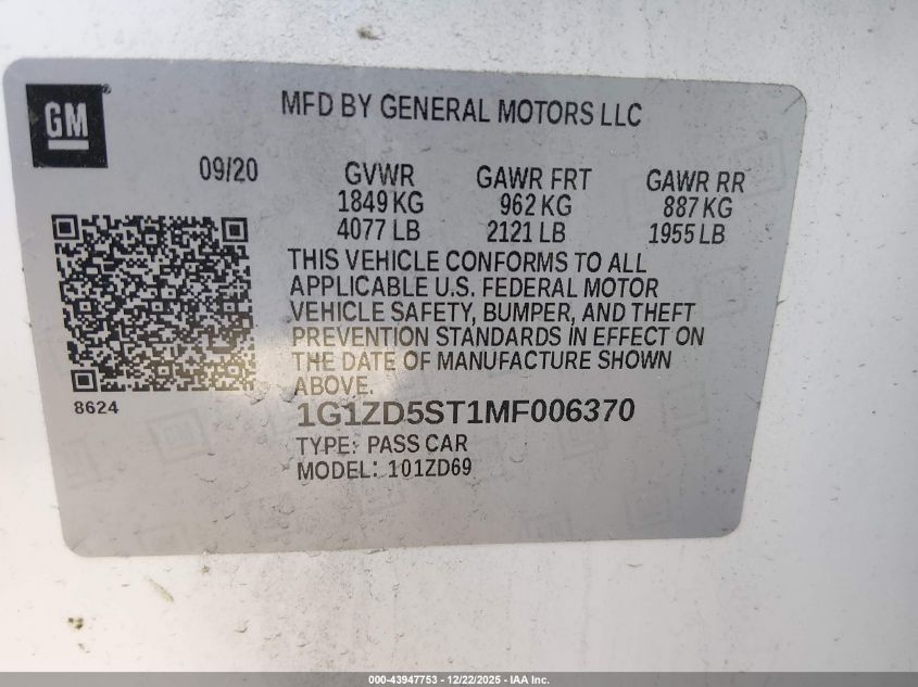 2021 Chevrolet Malibu Fwd Lt VIN: 1G1ZD5ST1MF006370 Lot: 43947753