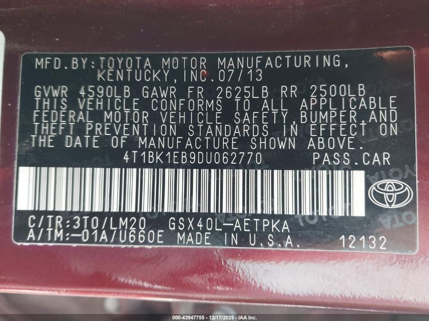 2013 Toyota Avalon Limited VIN: 4T1BK1EB9DU062770 Lot: 43947755