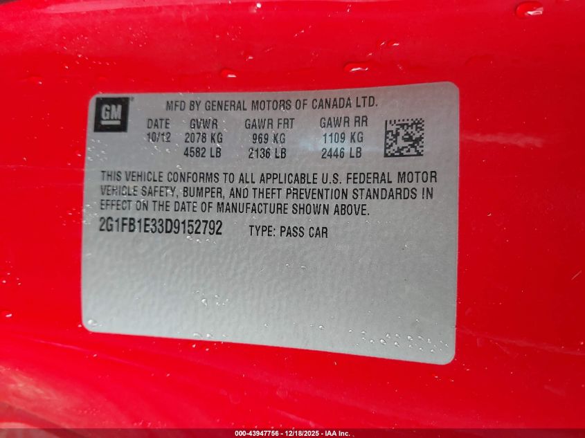 2013 Chevrolet Camaro 1Lt VIN: 2G1FB1E33D9152792 Lot: 43947756