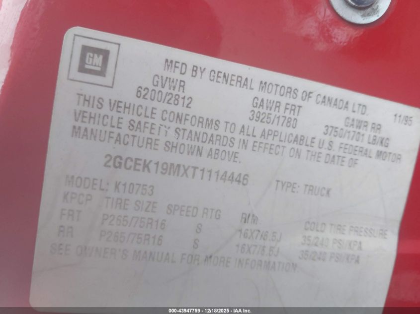 1996 Chevrolet Gmt-400 K1500 VIN: 2GCEK19MXT1114446 Lot: 43947759