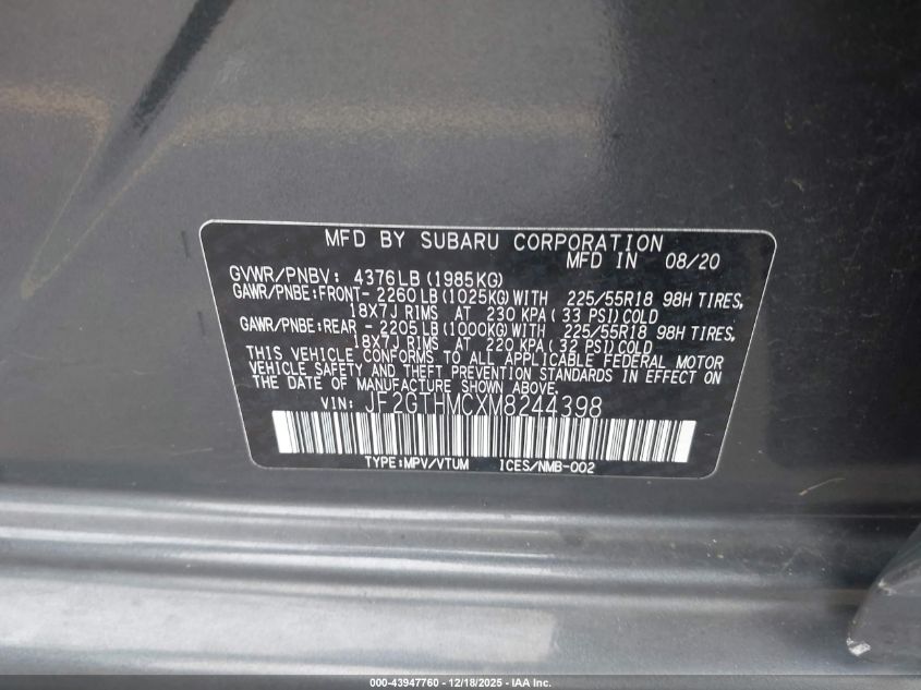 2021 Subaru Crosstrek Limited VIN: JF2GTHMCXM8244390 Lot: 43947760