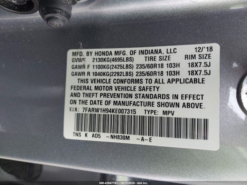 2019 Honda Cr-V Touring VIN: 7FARW1H94KE007315 Lot: 43947761