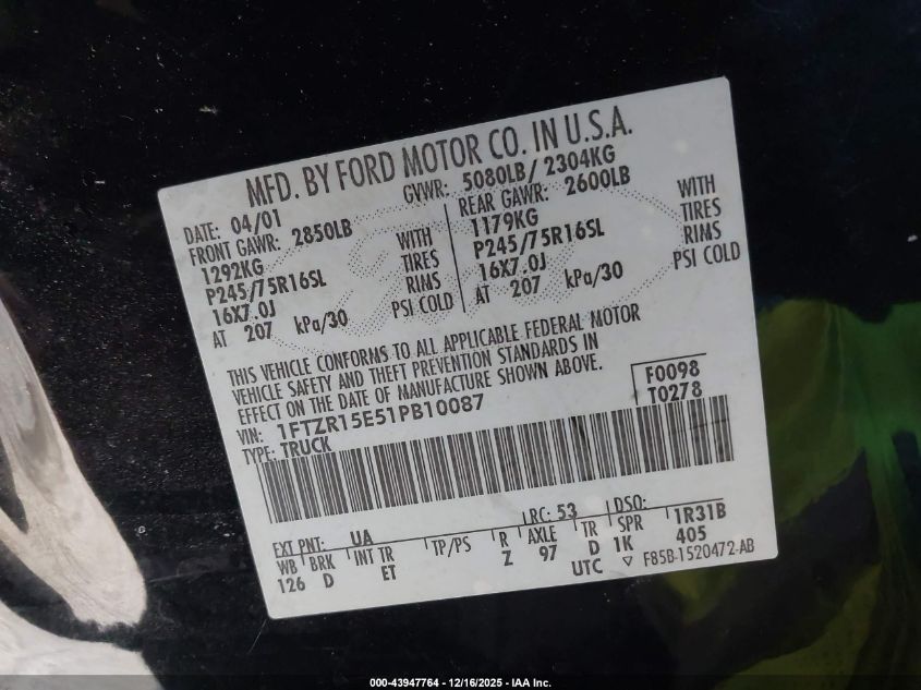 2001 Ford Ranger Edge/Xlt VIN: 1FTZR15E51PB10087 Lot: 43947764