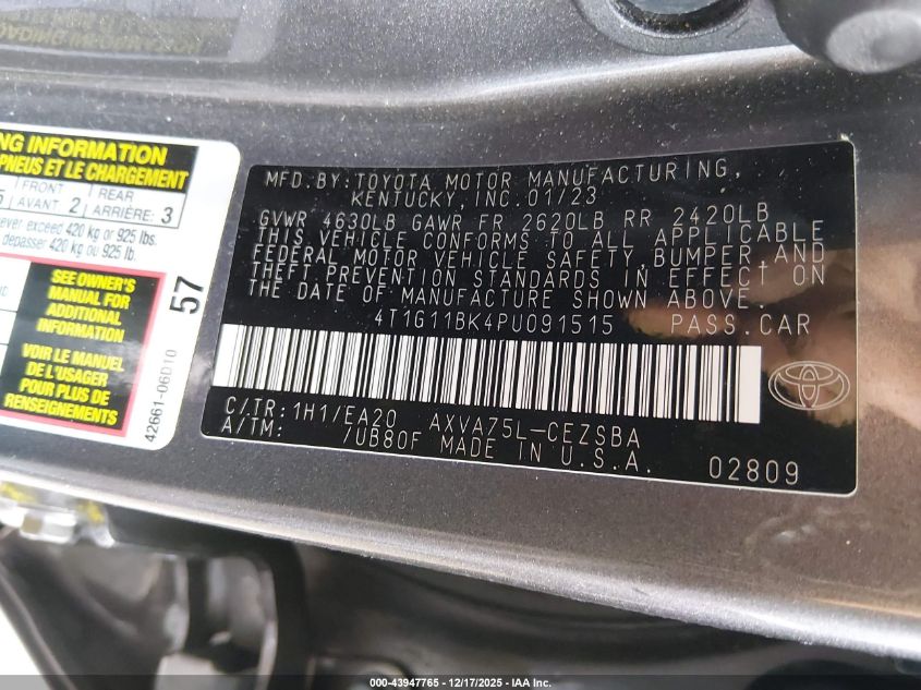 2023 Toyota Camry Se Awd VIN: 4T1G11BK4PU091515 Lot: 43947765