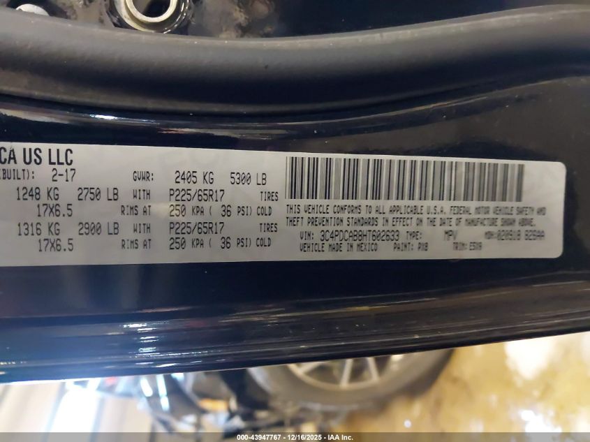 2017 Dodge Journey Se VIN: 3C4PDCAB8HT602633 Lot: 43947767