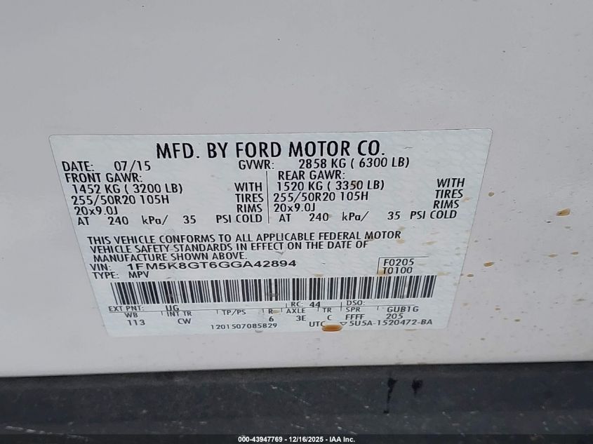 2016 Ford Explorer Sport VIN: 1FM5K8GT6GGA42894 Lot: 43947769