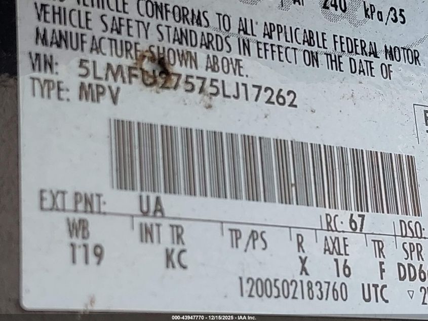 2005 Lincoln Navigator VIN: 5LMFU27575LJ17262 Lot: 43947770