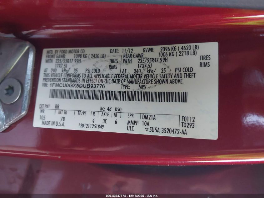 2013 Ford Escape Se VIN: 1FMCU0GX5DUB93776 Lot: 43947774