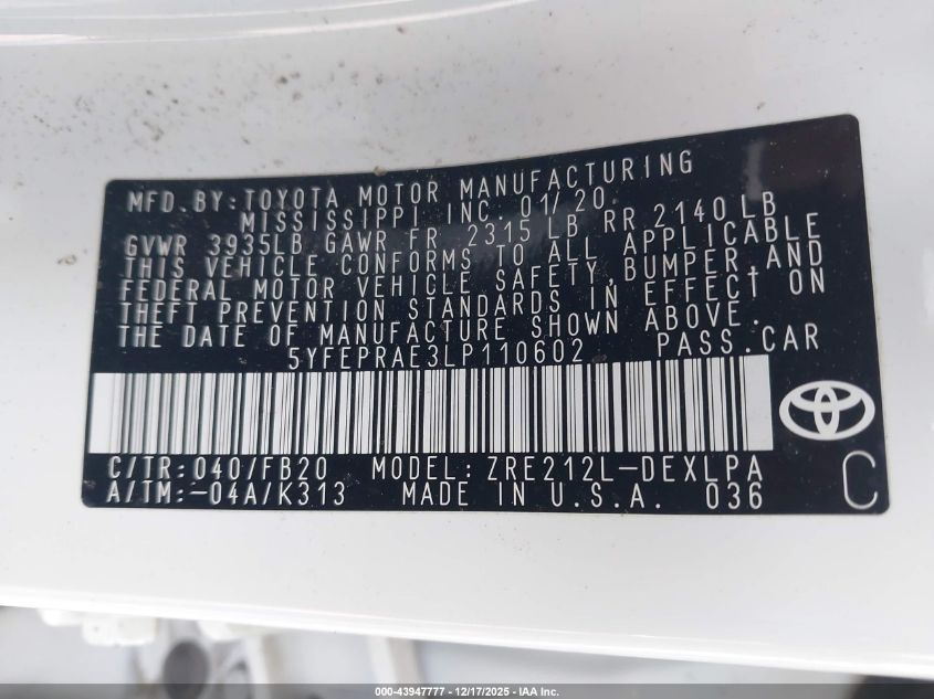 2020 Toyota Corolla Le VIN: 5YFEPRAE3LP110602 Lot: 43947777