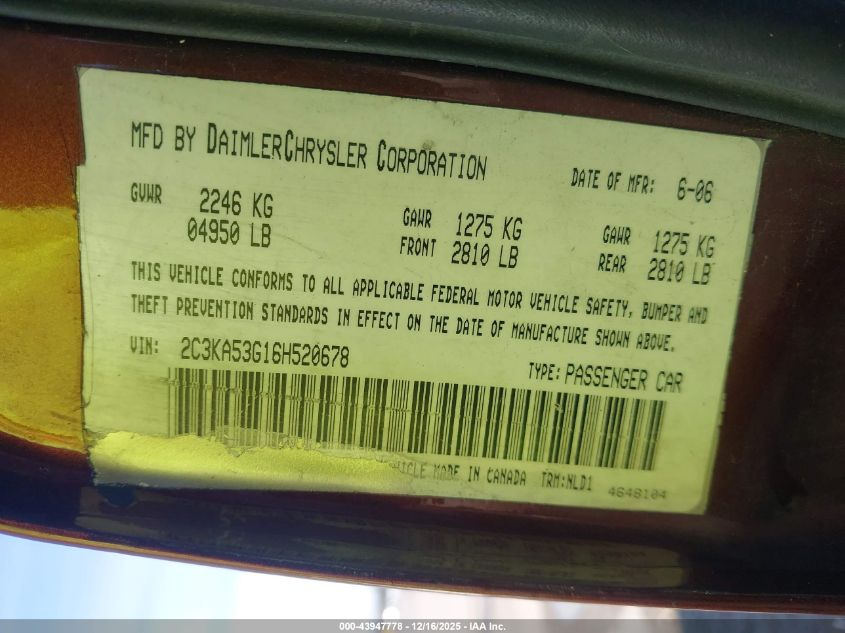 2006 Chrysler 300 Touring VIN: 2C3KA53G16H520678 Lot: 43947778