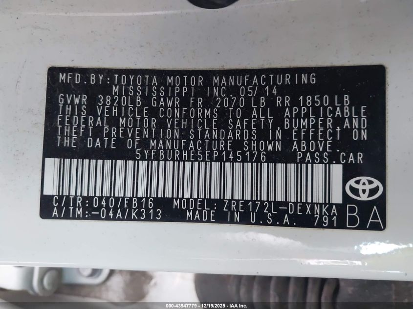 2014 Toyota Corolla Le VIN: 5YFBURHE5EP145176 Lot: 43947779