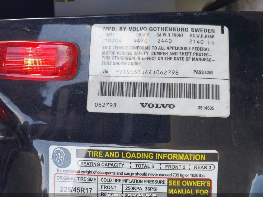2004 Volvo C70 Lt VIN: YV1NC63D44J062798 Lot: 43947783