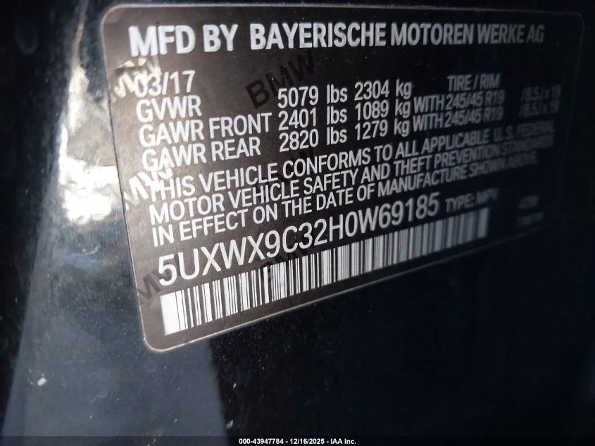 2017 BMW X3 xDrive28I VIN: 5UXWX9C32H0W69185 Lot: 43947784