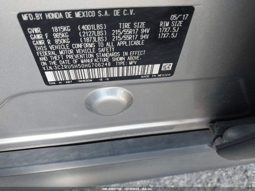 2017 Honda Hr-V Ex VIN: 3CZRU5H50HG706248 Lot: 43947789