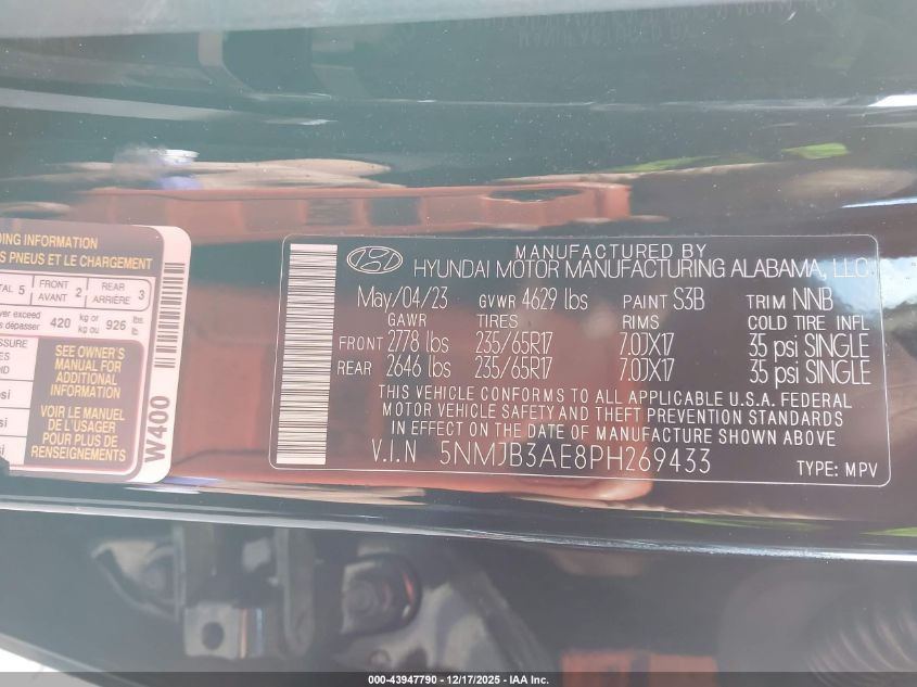 2023 Hyundai Tucson Sel VIN: 5NMJB3AE8PH269433 Lot: 43947790