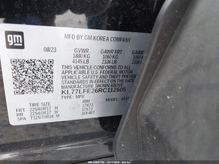 2024 Chevrolet Trax Fwd Sp VIN: KL77LFE26RC112605 Lot: 43947792