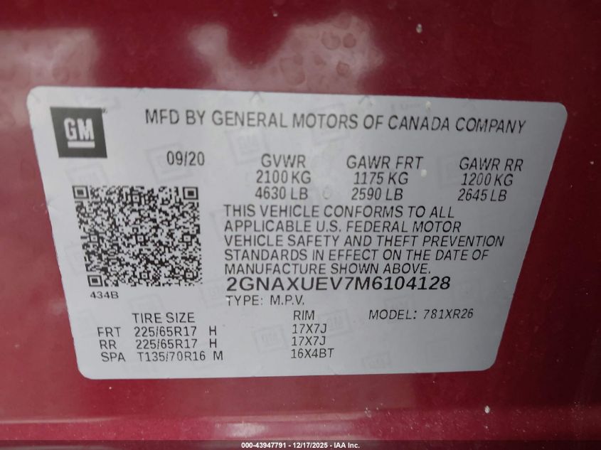 2021 Chevrolet Equinox Awd Lt VIN: 2GNAXUEV7M6104128 Lot: 43947791