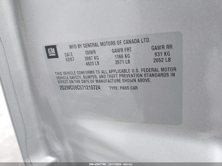 2007 Pontiac Grand Prix Gxp VIN: 2G2WC58C571210724 Lot: 43947796