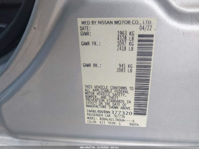 2022 Nissan Altima Sv Fwd VIN: 1N4BL4DV8NN377320 Lot: 43947799