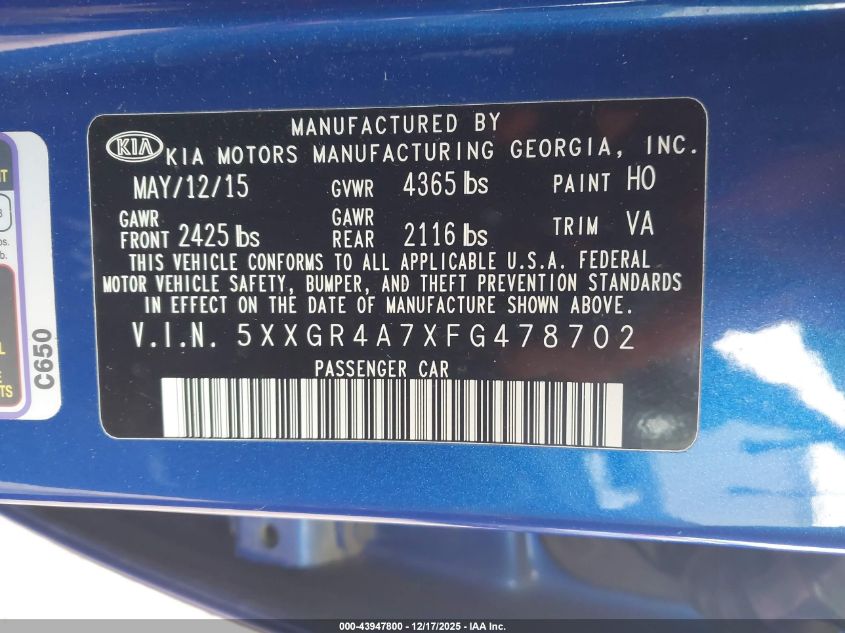 2015 Kia Optima Sx VIN: 5XXGR4A7XFG478702 Lot: 43947800